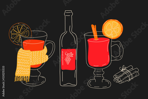 Set Mulled wine in different cups and a bottle of wine . Mulled wine with cinnamon.Vector in cartoon style. All elements are isolated