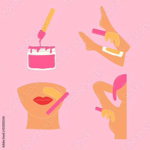 Hair depilation, sugaring hair removal. Icons. Vector set in cartoon style. All elements are isolated