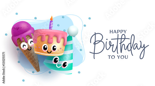 Birthday greeting characters vector design. Happy birthday to you text with cake, ice cream and party hat face character for colorful kids birth day celebration. Vector illustration.
