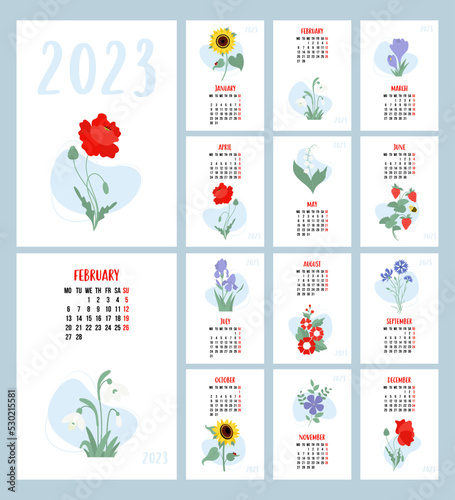 Floral printable calendar 2023. Flower snowdrops, lily of the valley, poppy, sunflower, irises, crocuses and mallows. Vector vertical template 12 pages and cover in English. Week from Monday