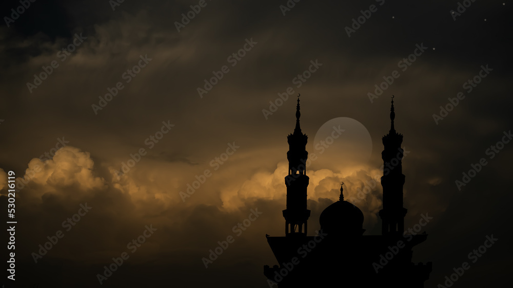 Silhouette Mosques Dome Crescent Moon on Dark Black Twillight Evening Background,Symbols New Year Muharram Religious Muslim ,Ramadan, Eid ai-fitr,New year Muharram Muharam Islamic Arabic.