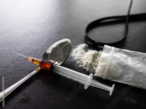 Heroin in Syringe,Narcotics, Dangerous Drug Destroy Lungs, Suffer from Severe Dysentery. Substance Abuse,Speed Drug addiction and Crime concept.