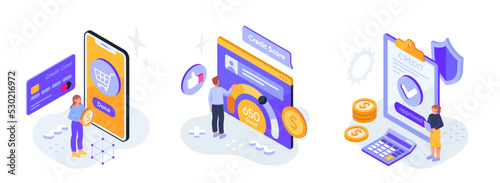 Credit approval illustration set. Men and women take out loan from bank, analyze rating or credit history, and make purchases. Cartoon isometric vector collection isolated on white background