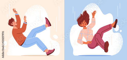 Set of Falling people. Shocked man and woman prompted or stumble and fall. Clumsy characters injured. Business failure metaphor. Fiasco or bad luck. Cartoon flat vector illustration collection