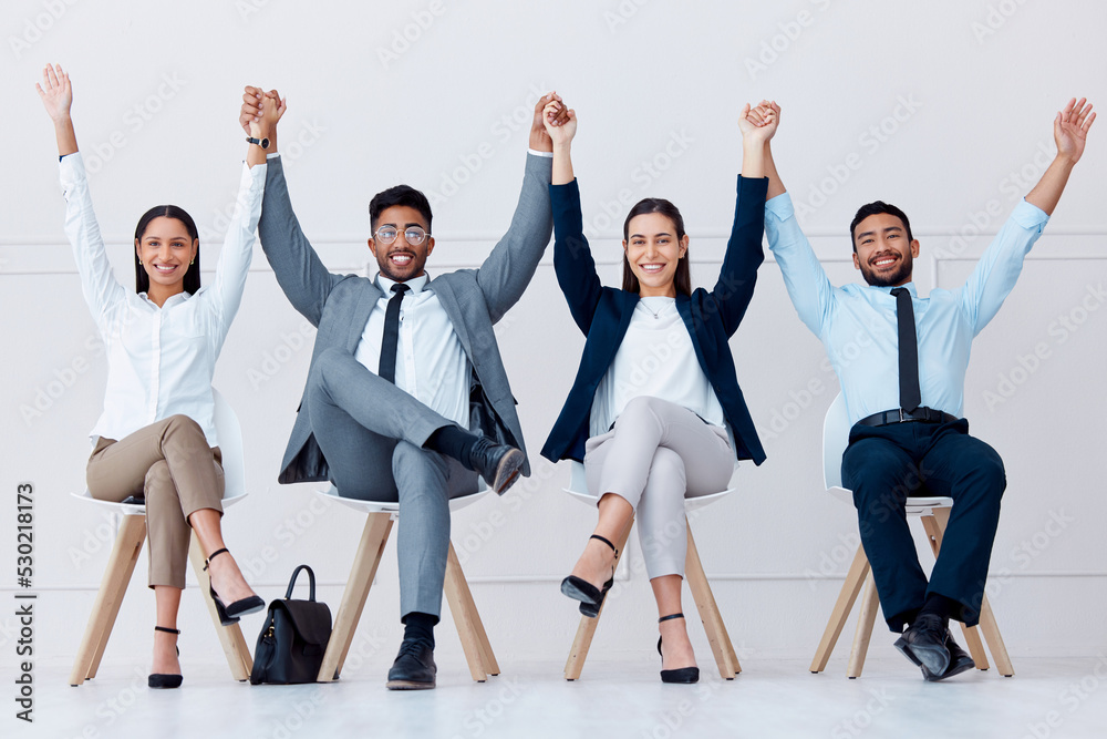 Obraz premium Celebration, success and recruitment business people in waiting room for we are hiring, Human Resources job or career opportunity. Corporate worker winning gesture for goals, mission and motivation