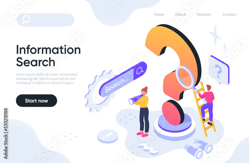 Frequently Asked Questions. Man and woman with magnifying glass and telescope standing next to big question mark, searching for information or solving problems. Cartoon isometric vector illustration