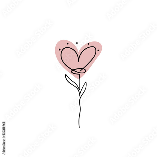 Heart shaped flower, natural cosmetics vector illustration, concept of self care, massage and beauty. Сontinuous line drawing by hand, icon isolated on white background.