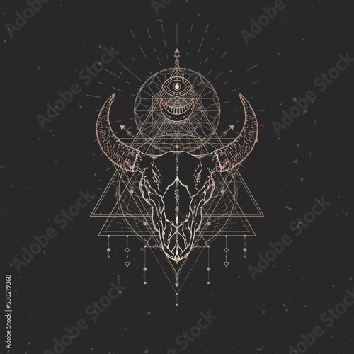 Vector illustration with hand drawn Bull skull and Sacred geometric symbol on black vintage background. Abstract mystic sign.