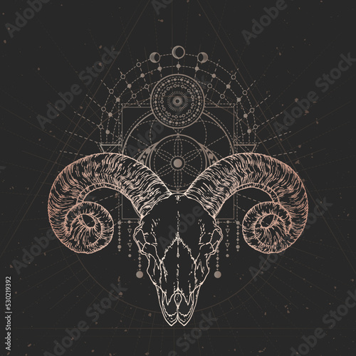 Vector illustration with hand drawn Ram skull and Sacred geometric symbol on black vintage background. Abstract mystic sign.
