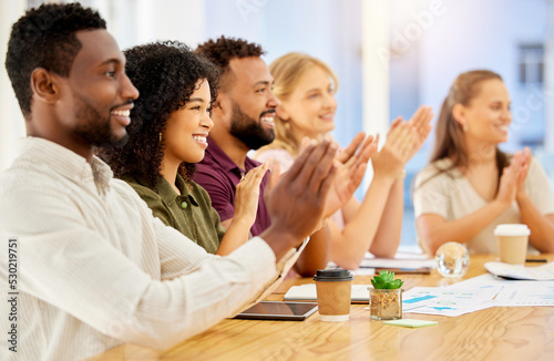 Clapping  success and global business workshop  teamwork collaboration or meeting training for happy creative people. Smile or excited diversity workers in office motivation and strategy presentation