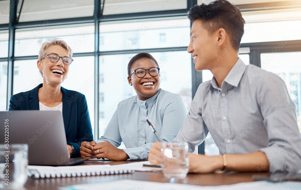 Global business, laughing and teamwork meeting in diversity collaboration, office strategy or digital marketing with laptop. Smile, happy and comic creative people excited about goal and success deal