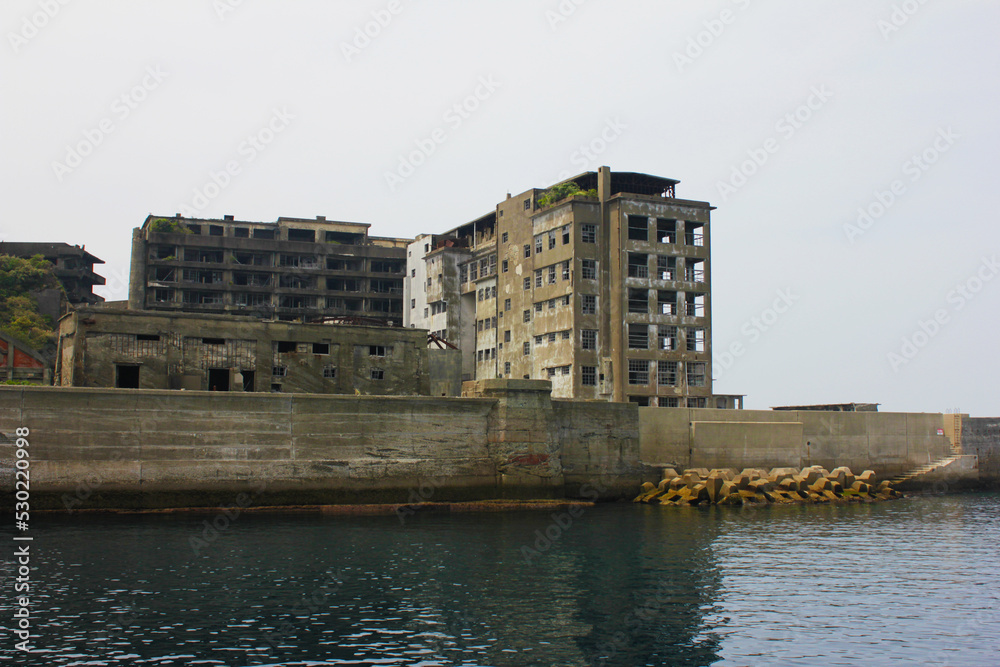 Beautiful view of an old building in  Hashima Island. Scenic view of Battleship Island.