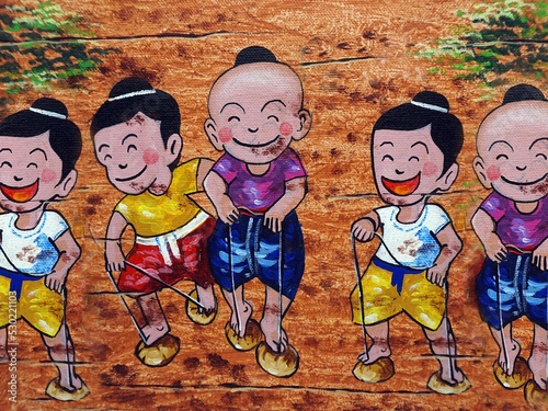 Art painting oil color , children playing From Thailand 