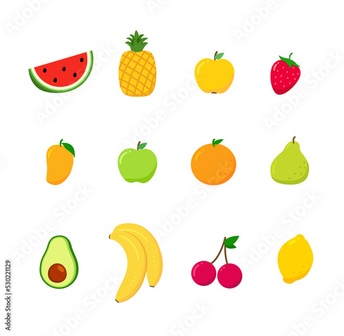 Set of summer fruits. Strawberry  cherry  watermelon  apple  pear  banana  orange