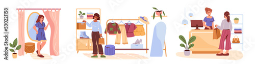 Set of people on shopping. Young girls or woman choose clothes in store, try on dress or outfit in fitting room and pay for purchases. Cartoon flat vector collection isolated on white background