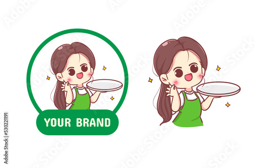 Beautiful woman chef holding a plate restaurant food logo hand drawn cartoon illustration
