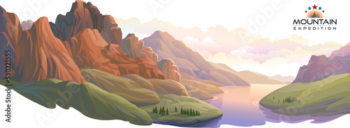 A river flows across the landscape with brown hills. 