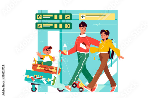 Family at airport get ready for departure
