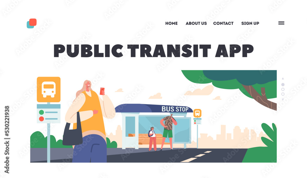 Fototapeta premium Public Transit App Landing Page Template. People on Bus Station, Schoolgirl, Man and Woman Characters Waiting Commuter