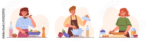 Set of people cooking at home. Young men and women in kitchen prepare delicious soup, meal, lunch or pastries. Healthy diet and lifestyle. Cartoon flat vector collection isolated on white background