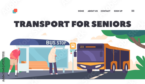 Transport for Seniors Landing Page Template. People on Bus Station, Male and Female Passenger Characters Wait Commuter