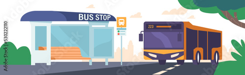 Bust Stop, Outdoor Station with Booth and Bench, Autobus Driving by Road on Cityscape Background. Public Commuter