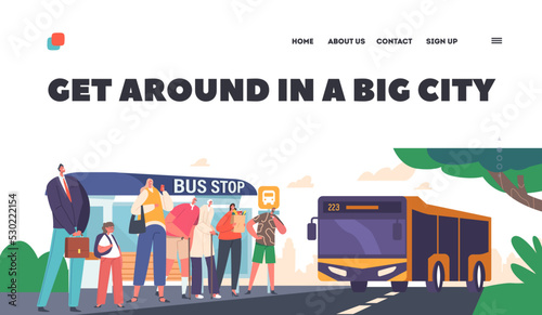 People on Bus Station Landing Page Template. Characters Waiting Commuter Transport at City Landscape, Public Service