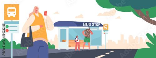 People on Bus Station, Schoolgirl, Man and Woman Characters Waiting Commuter Transport at City Landscape