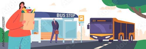 People Waiting on Bus Stop, Woman with Grocery and Businessman Characters on Outdoor Commuter Transport Station at City