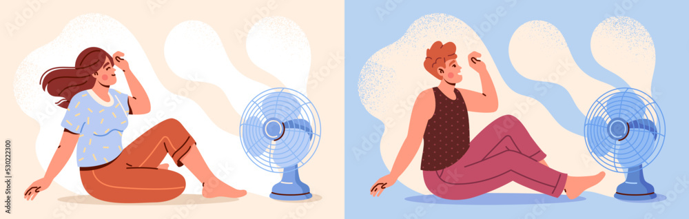 Cooling in hot weather concept. Set of happy man and woman sitting on floor in front of fan and enjoying cold wind waves. Characters chill in summer season. Cartoon flat vector illustration collection Cooling in hot weather concept. Set of happy man and woman sitting on floor in front of fan and enjoying cold wind waves. Characters chill in summer season. Cartoon flat vector illustration collection