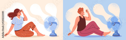Cooling in hot weather concept. Set of happy man and woman sitting on floor in front of fan and enjoying cold wind waves. Characters chill in summer season. Cartoon flat vector illustration collection