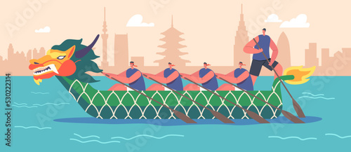Team of Asian Athletes Swim On Dragon Boat. Concept Of Rowing Competition, People Enjoy Active Water Sports Game