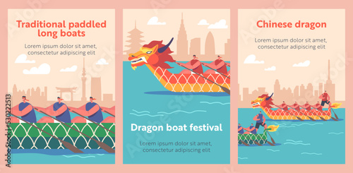Sportsmen Rowing on Boat Dragon Cartoon Banners. Oriental Festival, Sport Competition, Extreme Activity, Championship