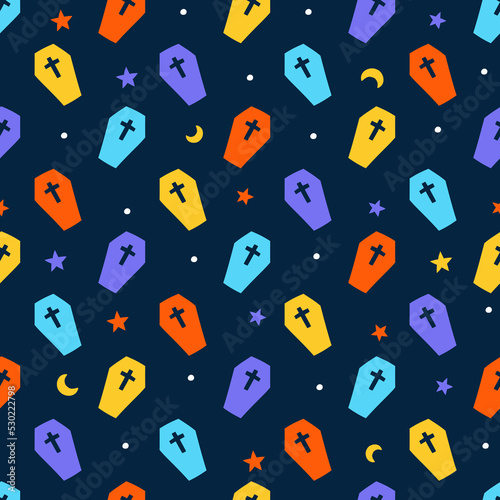 Cute Happy Halloween orange blue violet yellow coffin coffins cartoon seamless pattern vector black background ghost star cross crucifix rood