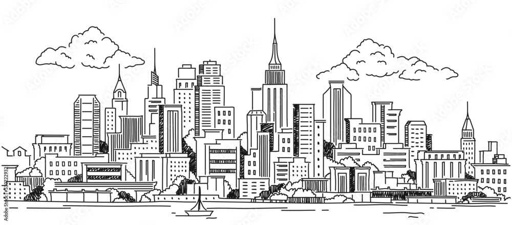 New York panorama sketch. Hand drawn landscape with American city skyscrapers, architecture and buildings. Design element for landing page or website. Simple linear vector illustration in doodle style