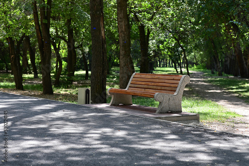 Standalone empty wood bench in the city park