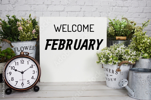 Welcome February text message with artificial plant decoration on wooden background