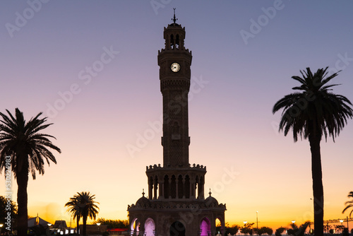 Izmir Clock Tower in the Sunset Lights  Konak City Center  Izmir Turkey