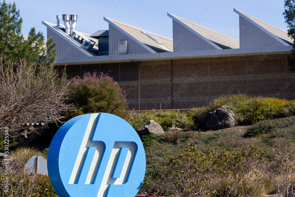 Palo Alto, CA, USA - Mar 4, 2020: HP logo is seen at the entrance to ...