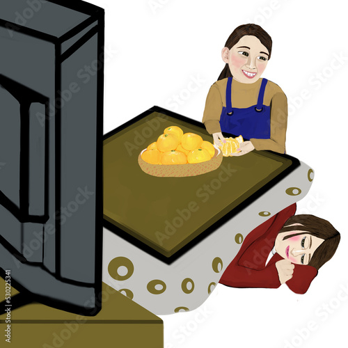 ありふれた日常　こたつでテレビを見ている二入の女性