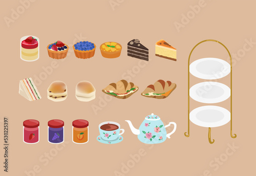 Afternoon tea set with lots of cakes, Croissant, pudding, fruit pie and sandwich. Cafe menu, Tea time elements. Tea Party Invitation, feast engagement, poster. Flat concept background.