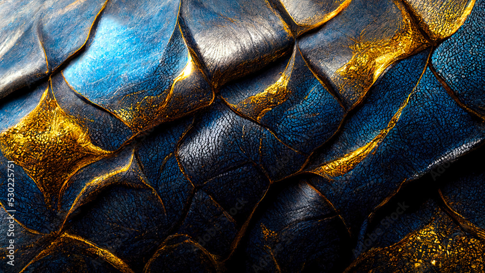 Blue and gold beast skin. Abstract leather wallpaper. Dragon scales close up. Beautiful fairy tale background. Blue and gold beast skin. Abstract leather wallpaper. Dragon scales close up. Beautiful fairy tale background.