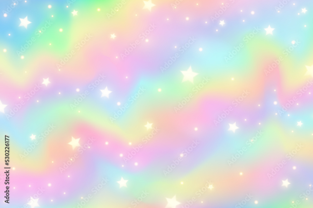 Rainbow unicorn background. Girlie princess sky with stars and sparcles. Gradient holographic fantasy backdrop. Vector abstract iridescent texture.