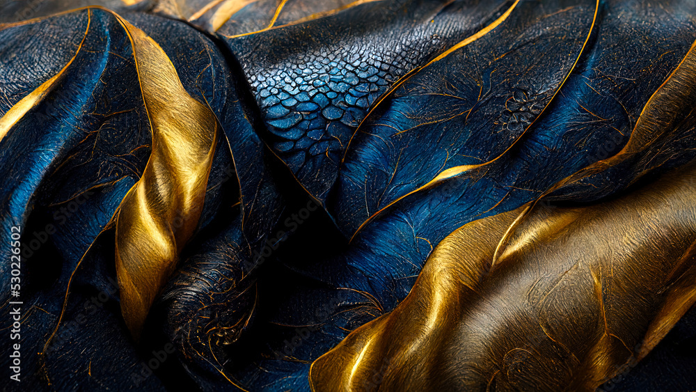 Blue and gold beast skin. Abstract leather wallpaper. Dragon scales ...