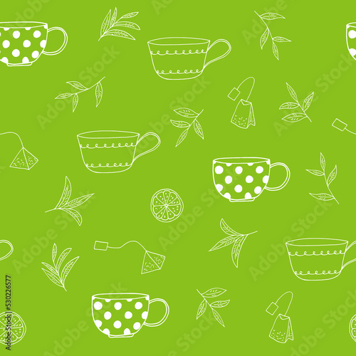cups, tea leaves, tea bags, lemon slices seamless pattern hand drawn in doodle style. vector, minimalism, monochrome, scandinavian. wallpaper, wrapping paper, textiles, background.