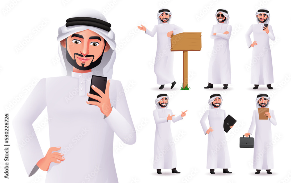 Arab business man vector character set. Arabian male characters collection standing and holding business elements isolated in white background. Vector illustration.
