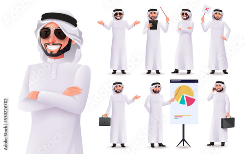 Arab business man vector character set. Arabian male corporate characters isolated in white background for professional emirates people collection design. Vector illustration.
