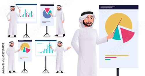 Arab man presentation vector character set. Arabian professional male characters showing and pointing business graph element for emirati corporate collection design. Vector illustration.
