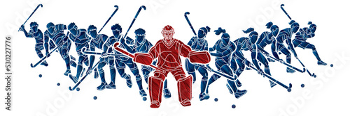 Group of Field Hockey Sport Man and Woman Players Action Cartoon Graphic Vector