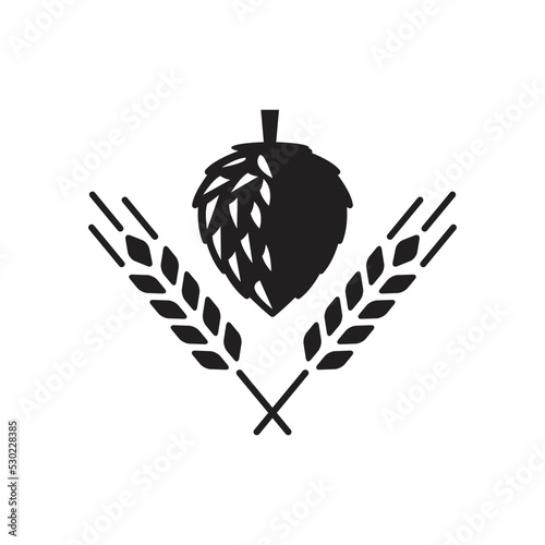 Black and white icon of hops and pair of wheat starches